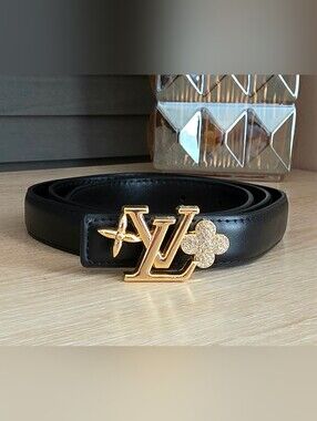 LV Black Belt with Gold Crystal Buckle